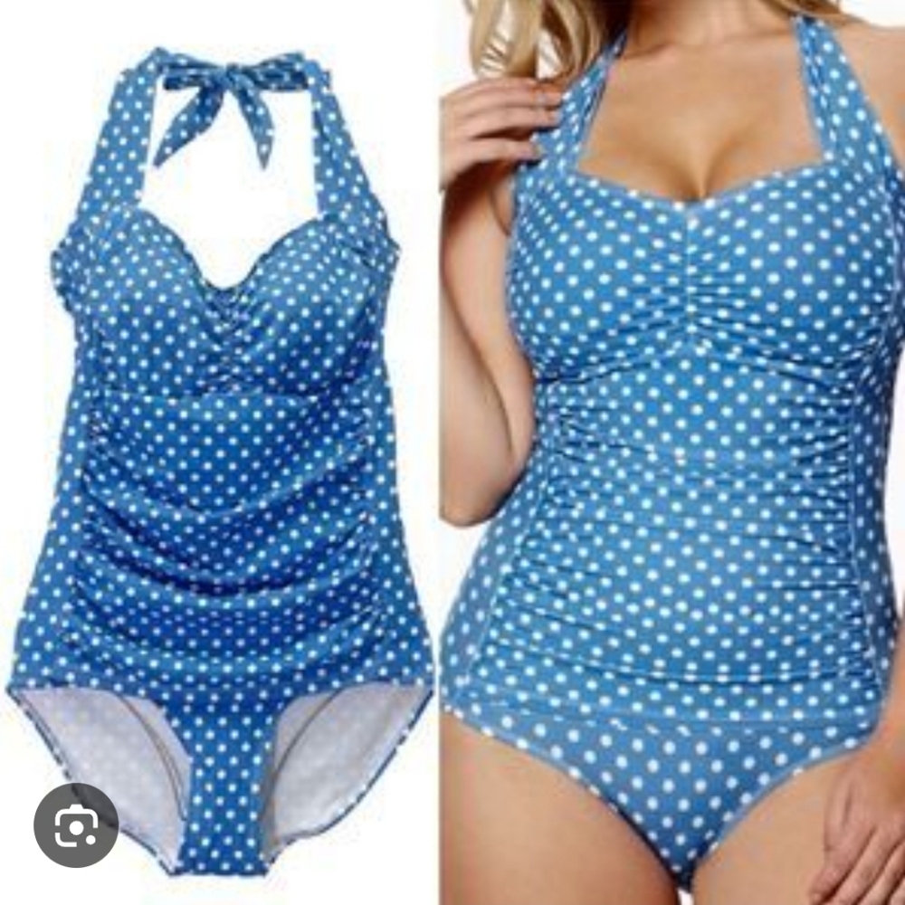 Ruby Ribbon Blue Polka Dot Riviera One Piece Swim Size 10